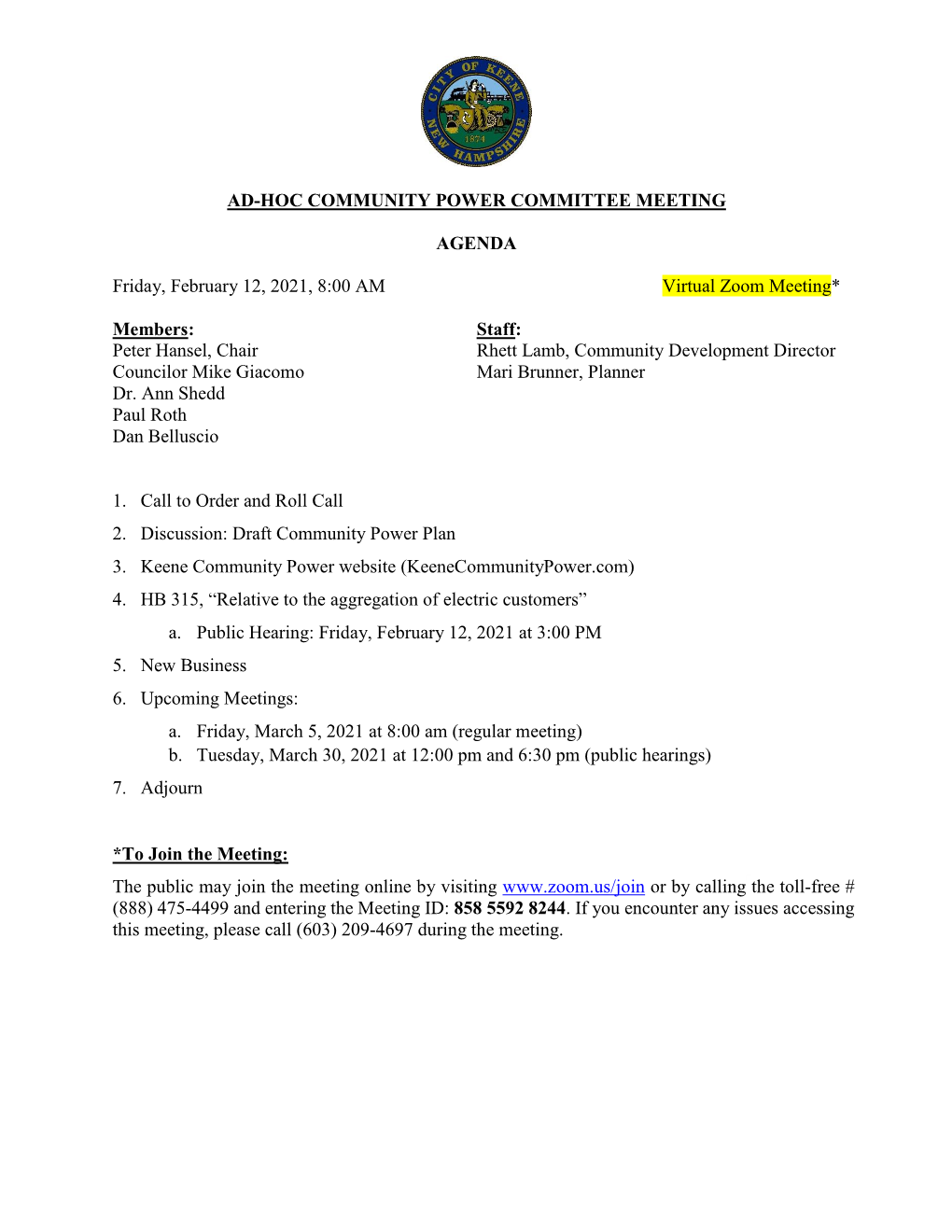 Ad-Hoc Community Power Committee Meeting Agenda