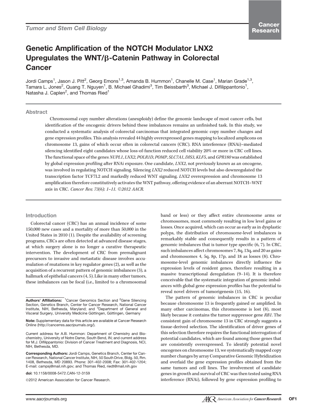 Genetic Amplification of the NOTCH Modulator LNX2 Upregulates The