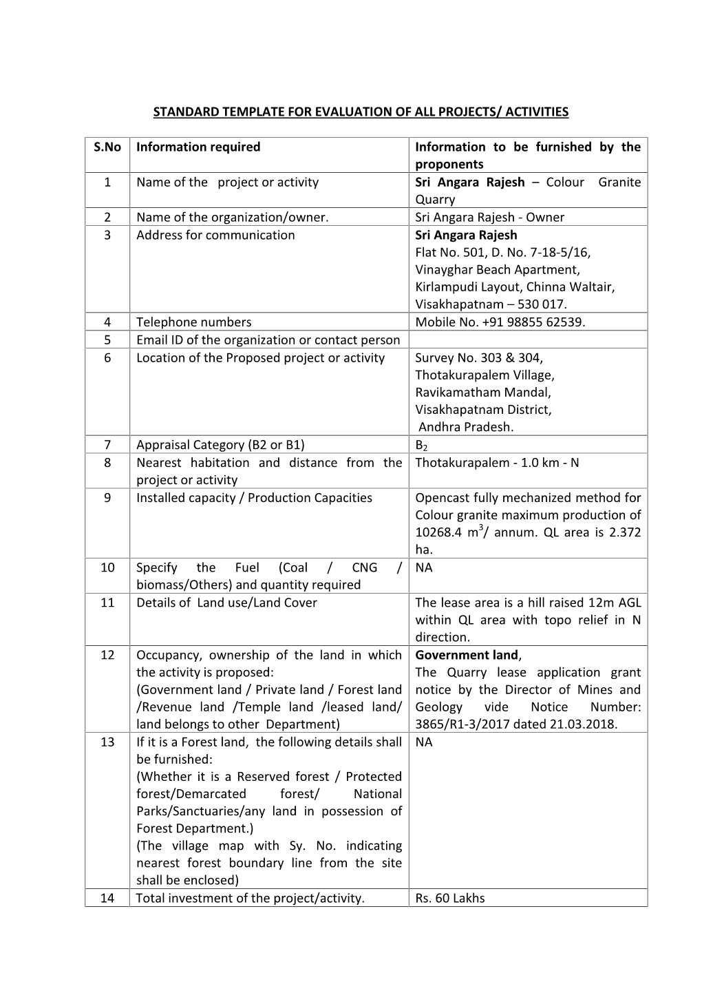 STANDARD TEMPLATE for EVALUATION of ALL PROJECTS/ ACTIVITIES S.No Information Required Information to Be Furnished by the Propon