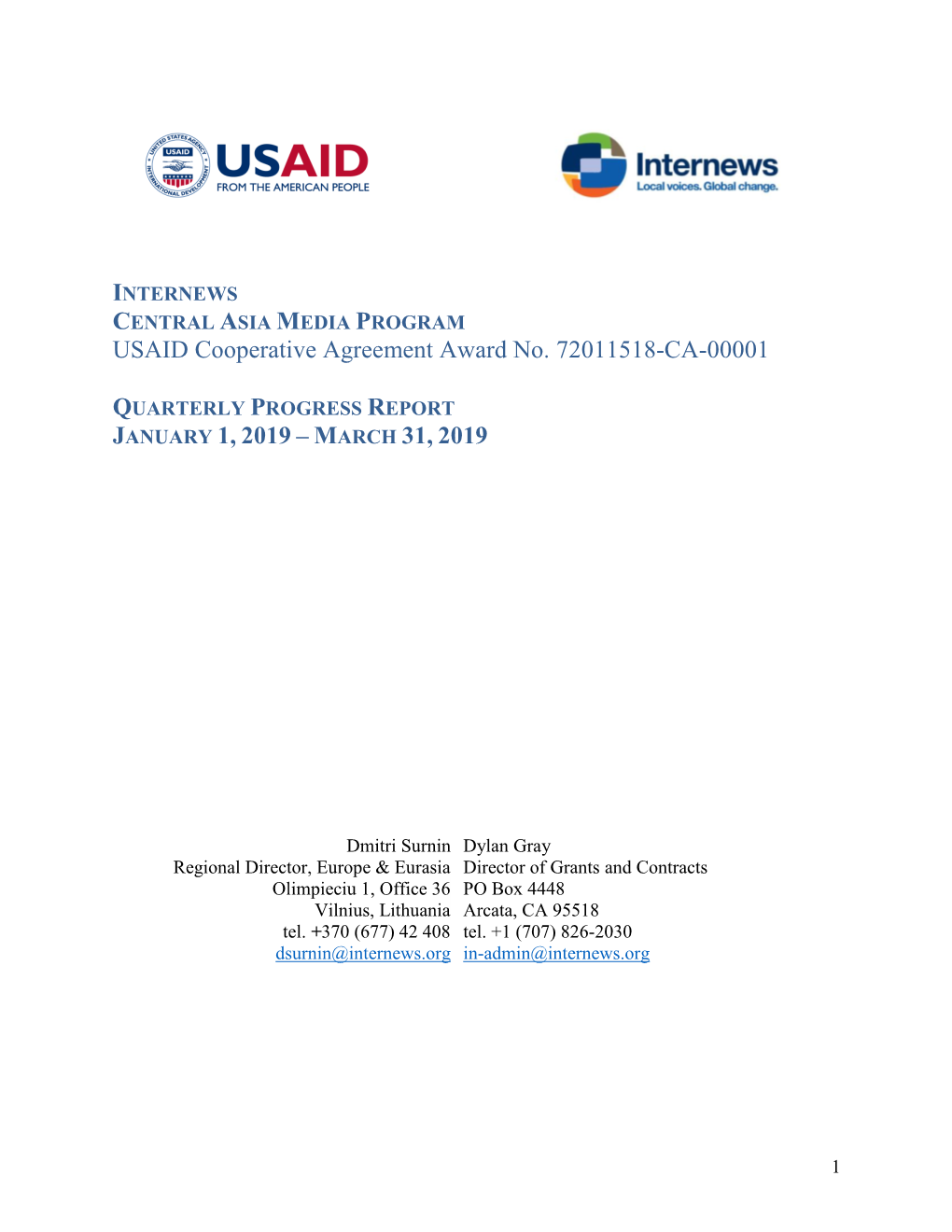 USAID Cooperative Agreement Award No. 72011518-CA-00001