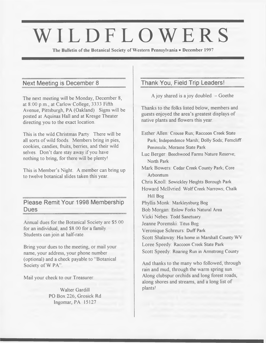 WILDFLOWERS the Bulletin of the Botanical Society of Western Pennsylvania • December 1997