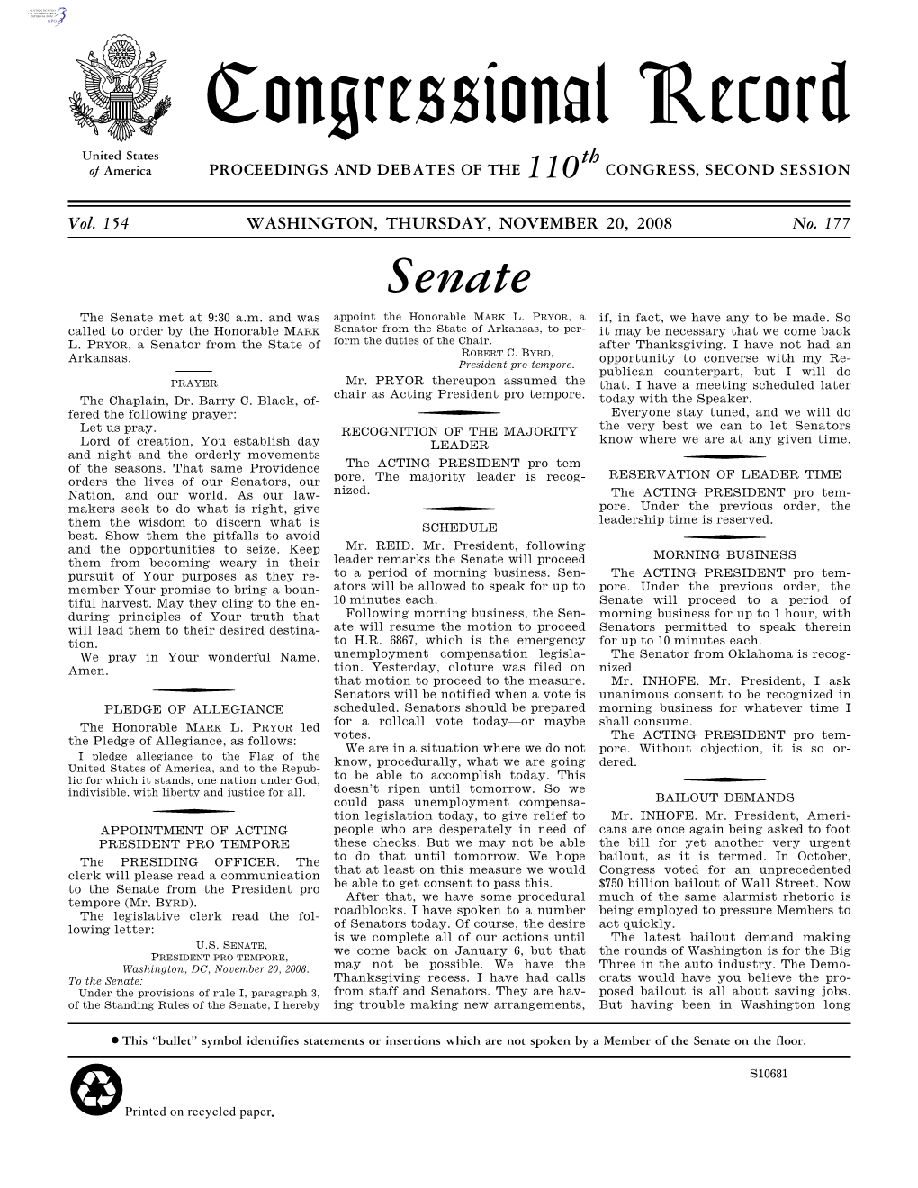 Congressional Record United States Th of America PROCEEDINGS and DEBATES of the 110 CONGRESS, SECOND SESSION