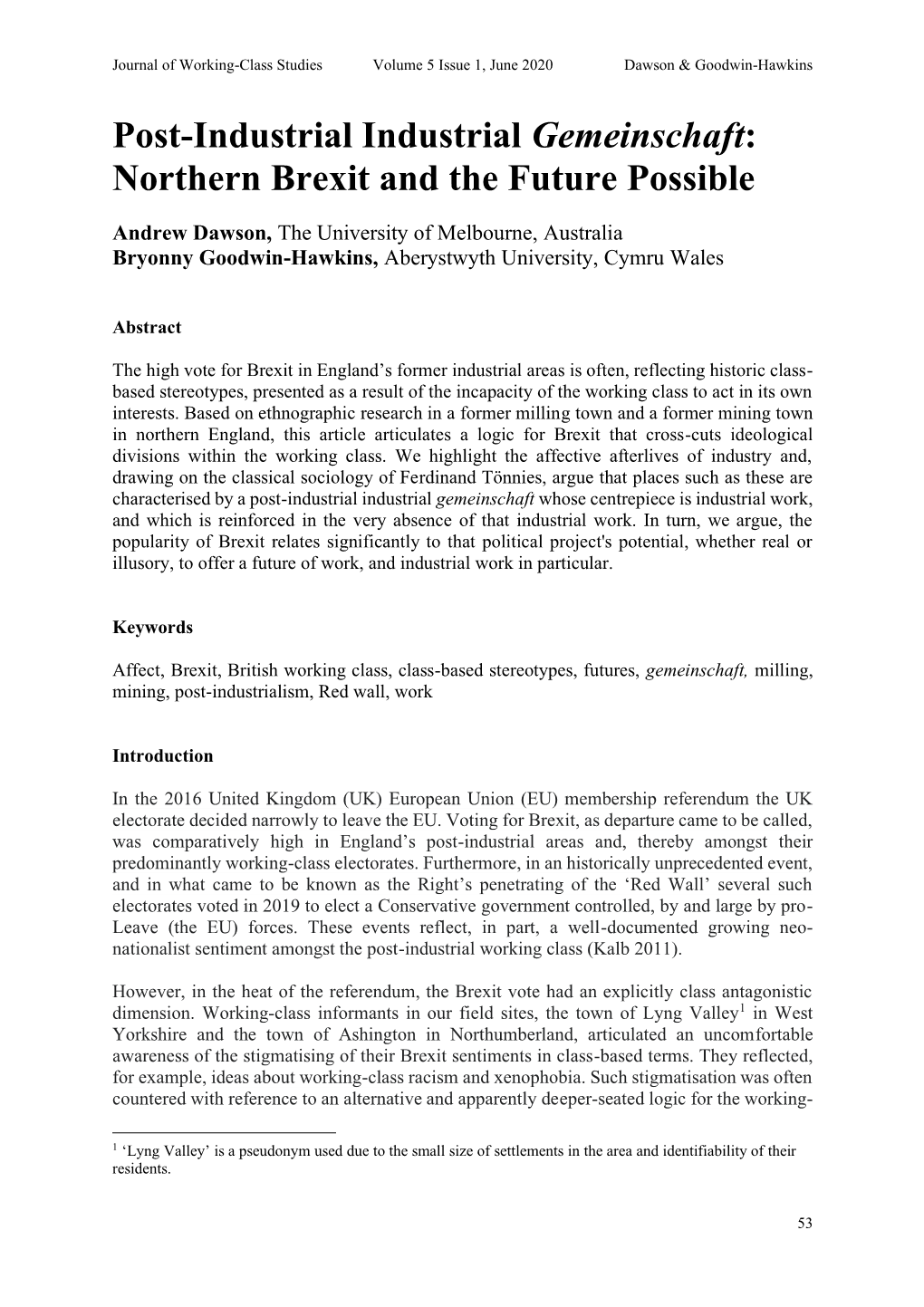 Post-Industrial Industrial Gemeinschaft: Northern Brexit and the Future Possible