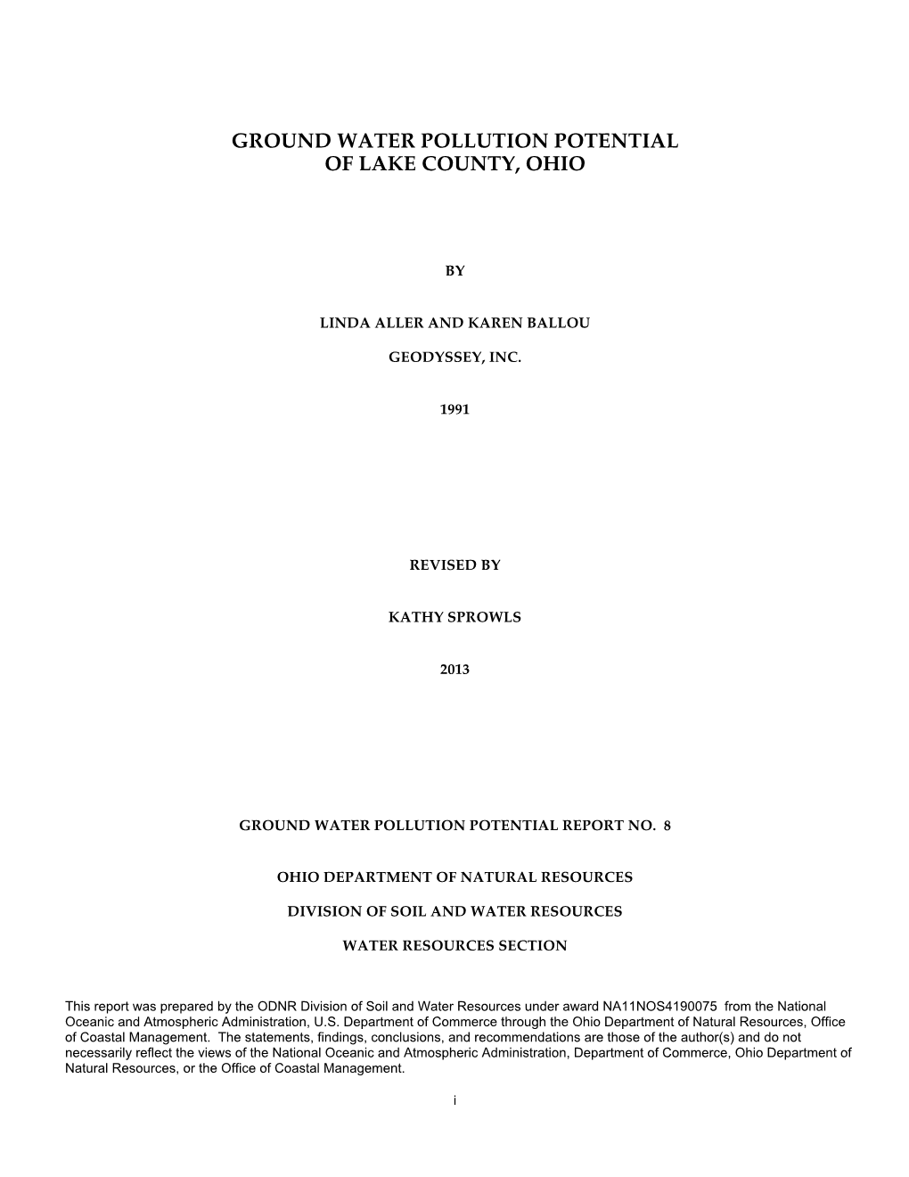 Ground Water Pollution Potential of Lake County, Ohio