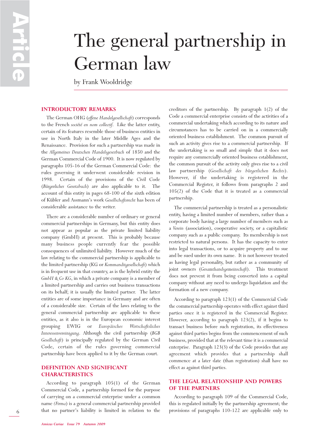 The General Partnership in German Law by Frank Wooldridge