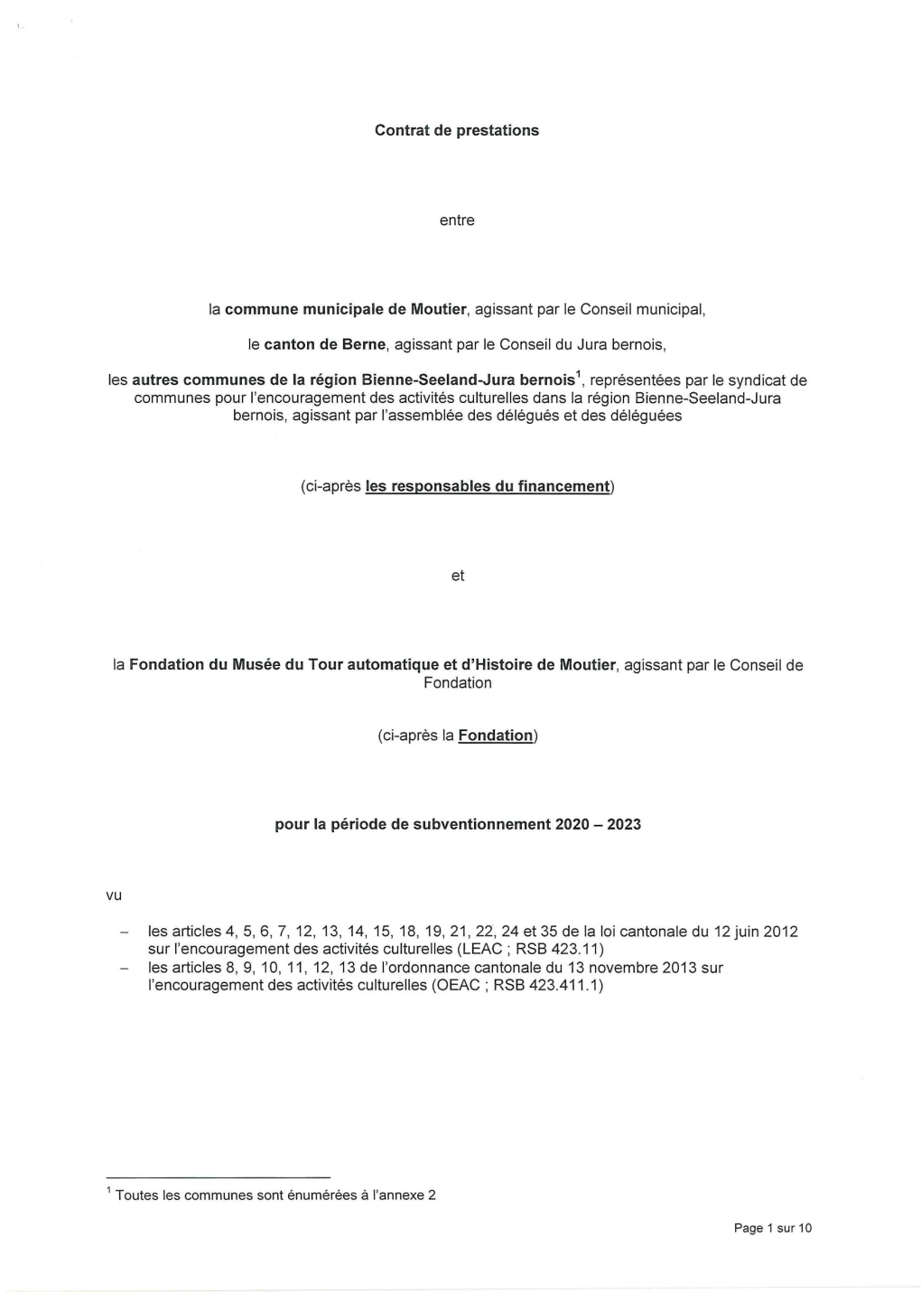 Contrat De Prestations Entre La Commune Municipale De Moutier