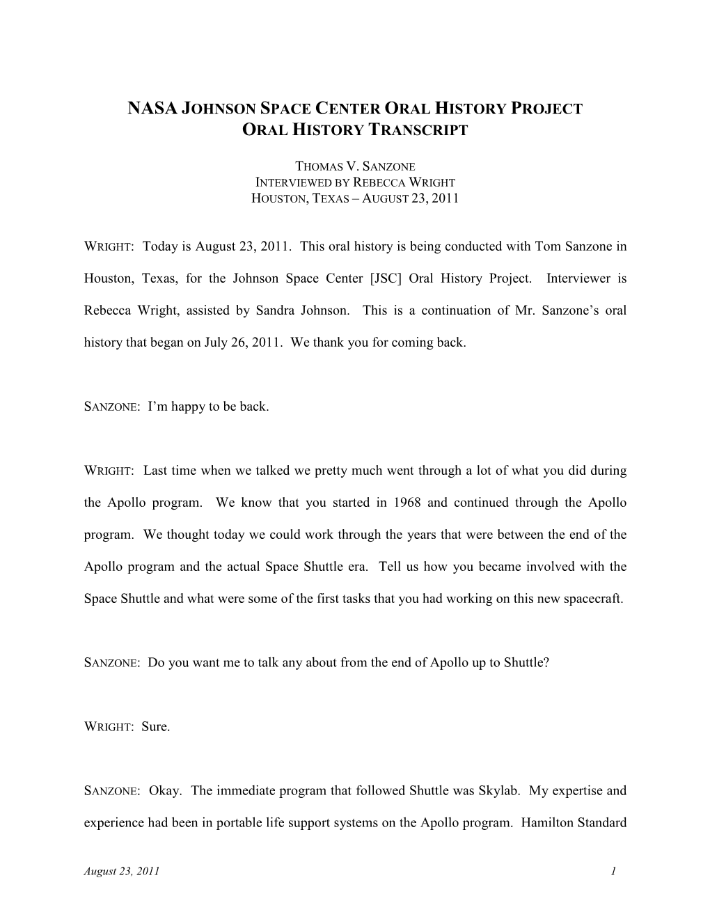 Nasa Johnson Space Center Oral History Project Oral History Transcript