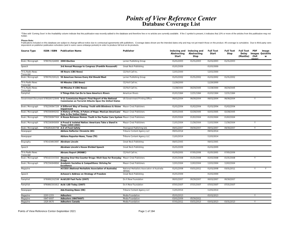 Points of View Reference Center Database Coverage List