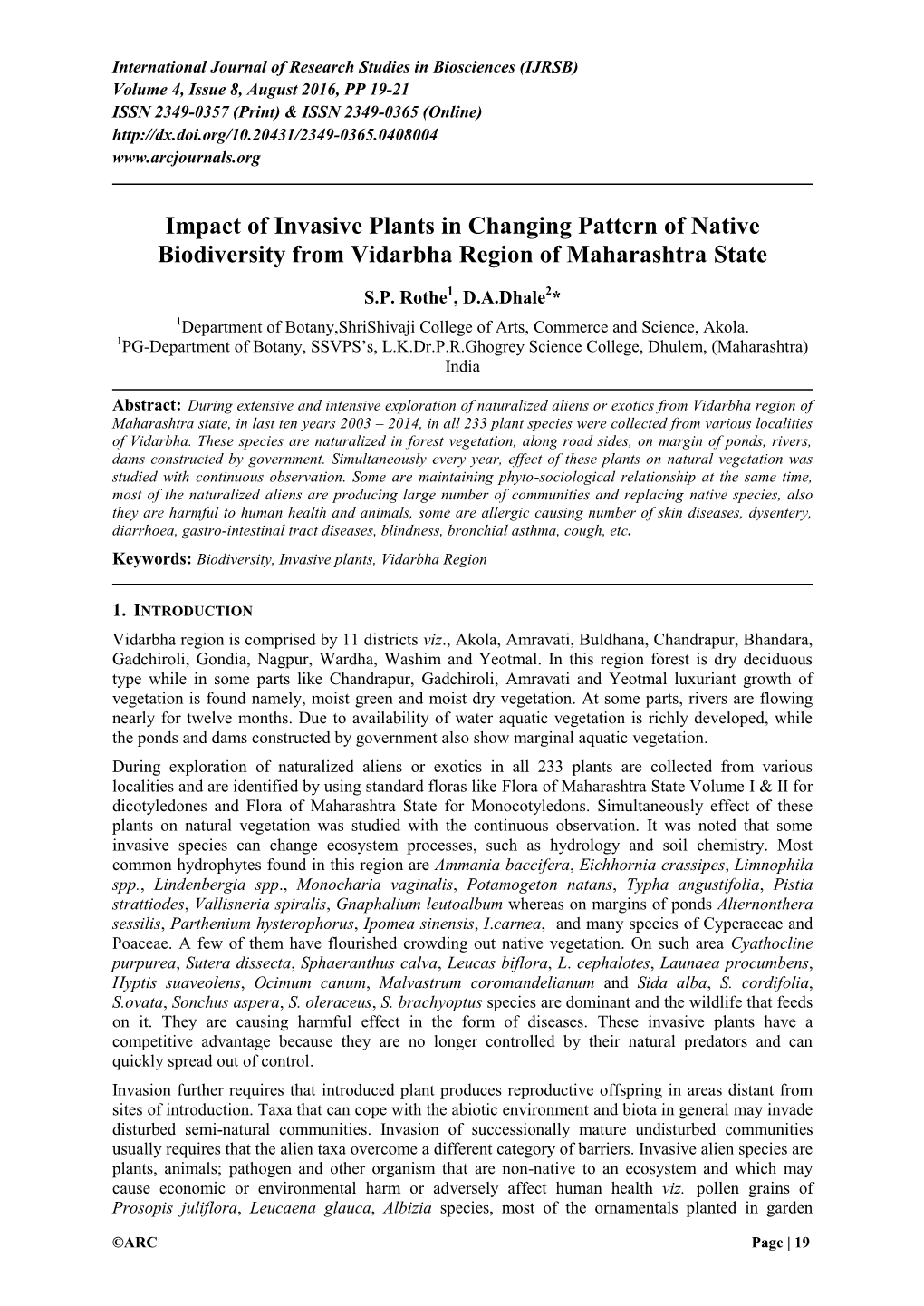 Impact of Invasive Plants in Changing Pattern of Native Biodiversity from Vidarbha Region of Maharashtra State