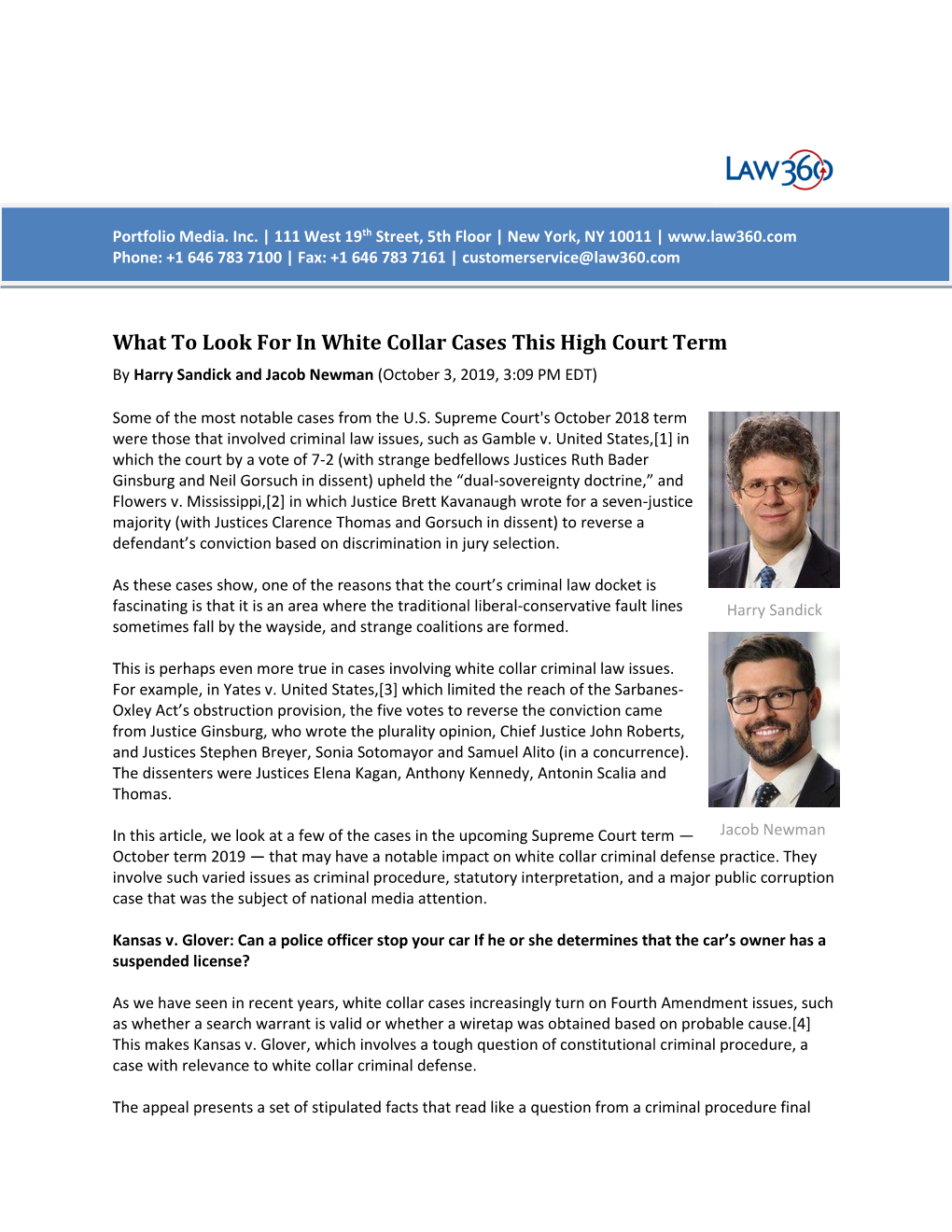 What to Look for in White Collar Cases This High Court Term by Harry Sandick and Jacob Newman (October 3, 2019, 3:09 PM EDT)