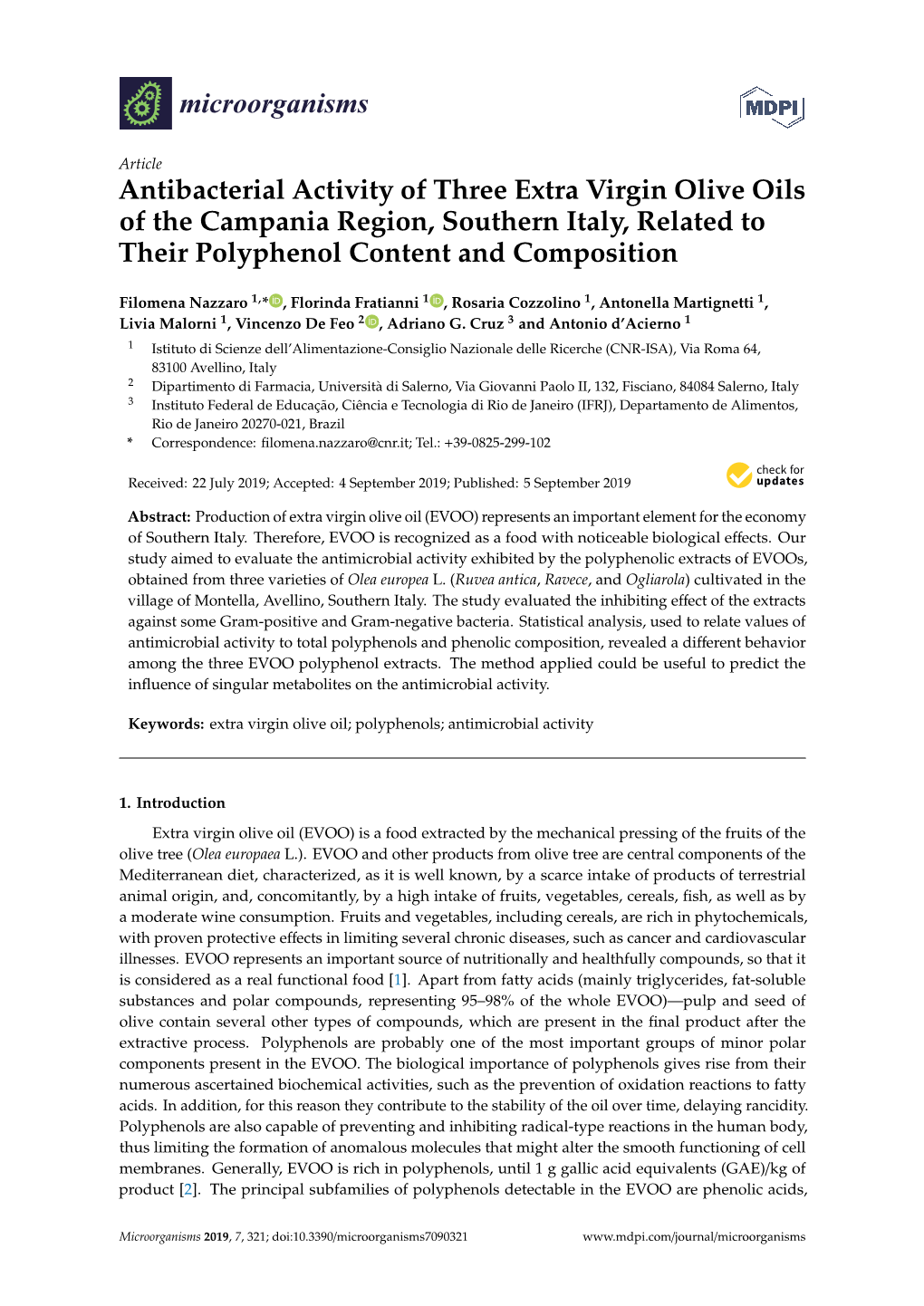 Antibacterial Activity of Three Extra Virgin Olive Oils of the Campania Region, Southern Italy, Related to Their Polyphenol Content and Composition