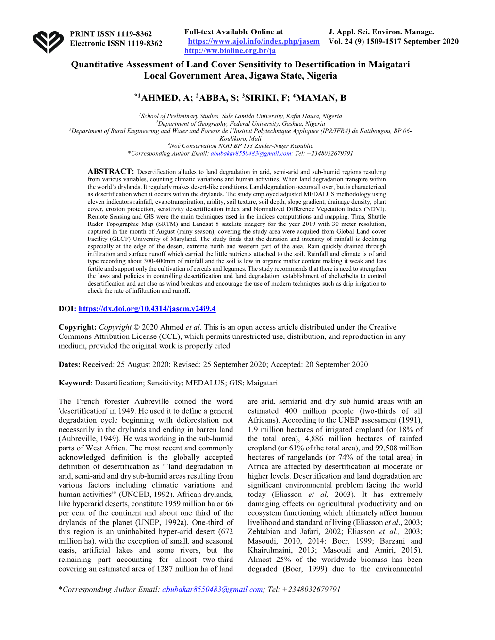 Quantitative Assessment of Land Cover Sensitivity to Desertification in Maigatari Local Government Area, Jigawa State, Nigeria