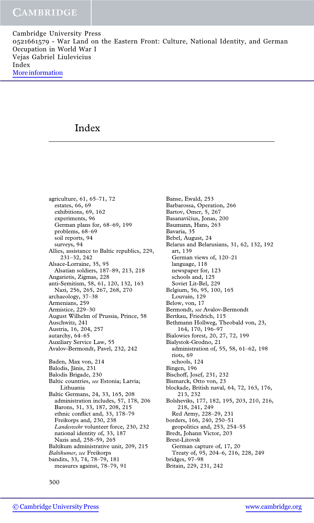 War Land on the Eastern Front: Culture, National Identity, and German Occupation in World War I Vejas Gabriel Liulevicius Index More Information