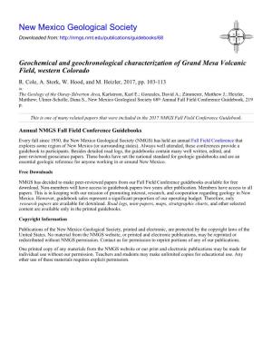 Geochemical and Geochronological Characterization of Grand Mesa Volcanic Field, Western Colorado R