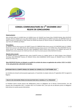 Conseil Communautaire Du 1Er Decembre 2017 Releve De Conclusions
