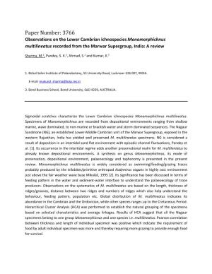 Paper Number: 3766 Observations on the Lower Cambrian Ichnospecies Monomorphichnus Multilineatus Recorded from the Marwar Supergroup, India: a Review