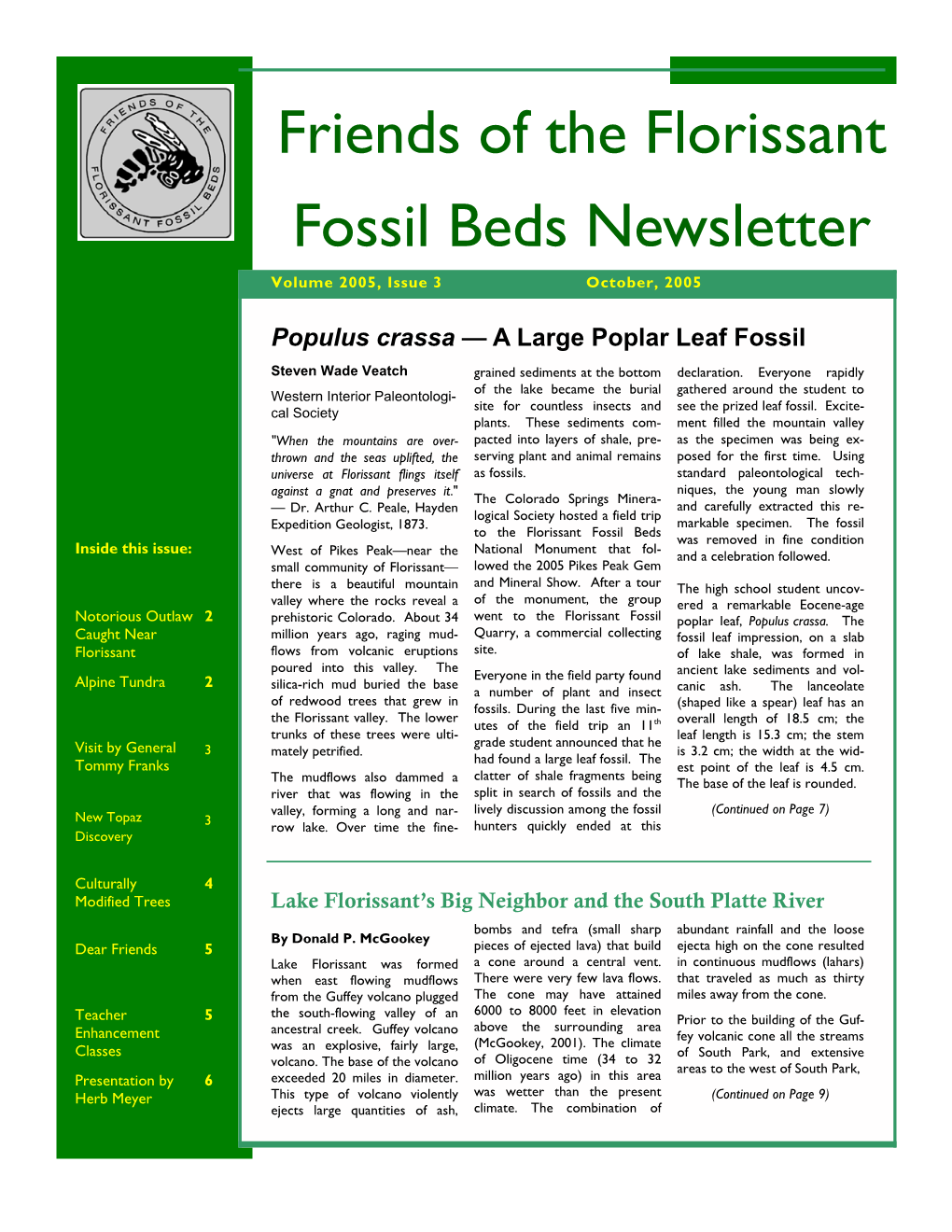 Friends of the Florissant Fossil Beds Newsletter Volume 2005, Issue 3 October, 2005