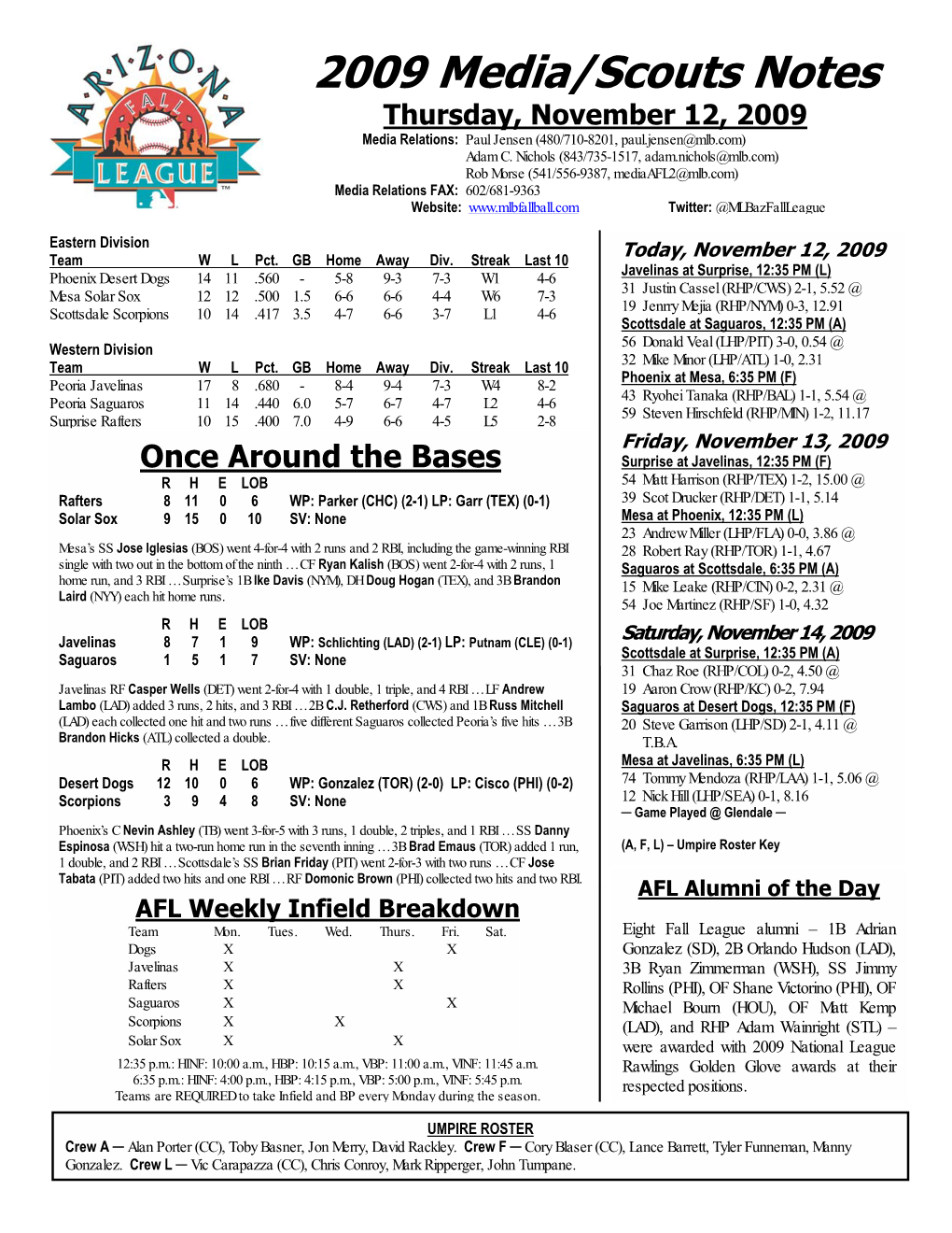 2009 Media/Scouts Notes Thursday, November 12, 2009 Media Relations: Paul Jensen (480/710-8201, Paul.Jensen@Mlb.Com) Adam C