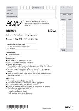 GCE Biology Question Paper Unit 02