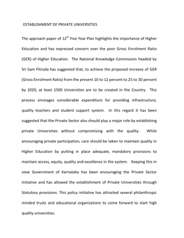 ESTABLISHMENT of PRIVATE UNIVERSITIES the Approach