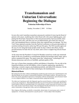 Transhumanism and Unitarian Universalism: Beginning the Dialogue Unitarian Fellowship of Storrs