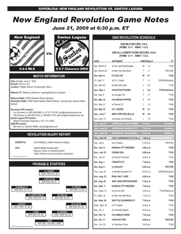 New England Revolution Game Notes June 21, 2009 at 6:30 P.M