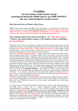 Creation an Extraordinary Indo-Iranian Concept Promulgated During the Middle Bronze Age (1800-1500 BCE) And, Now, Acknowledged by Modern Science