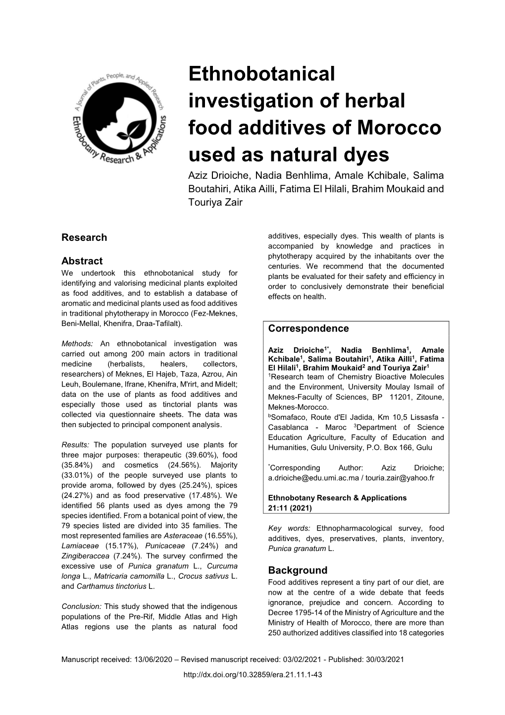 Ethnobotanical Investigation of Herbal Food Additives of Morocco Used As