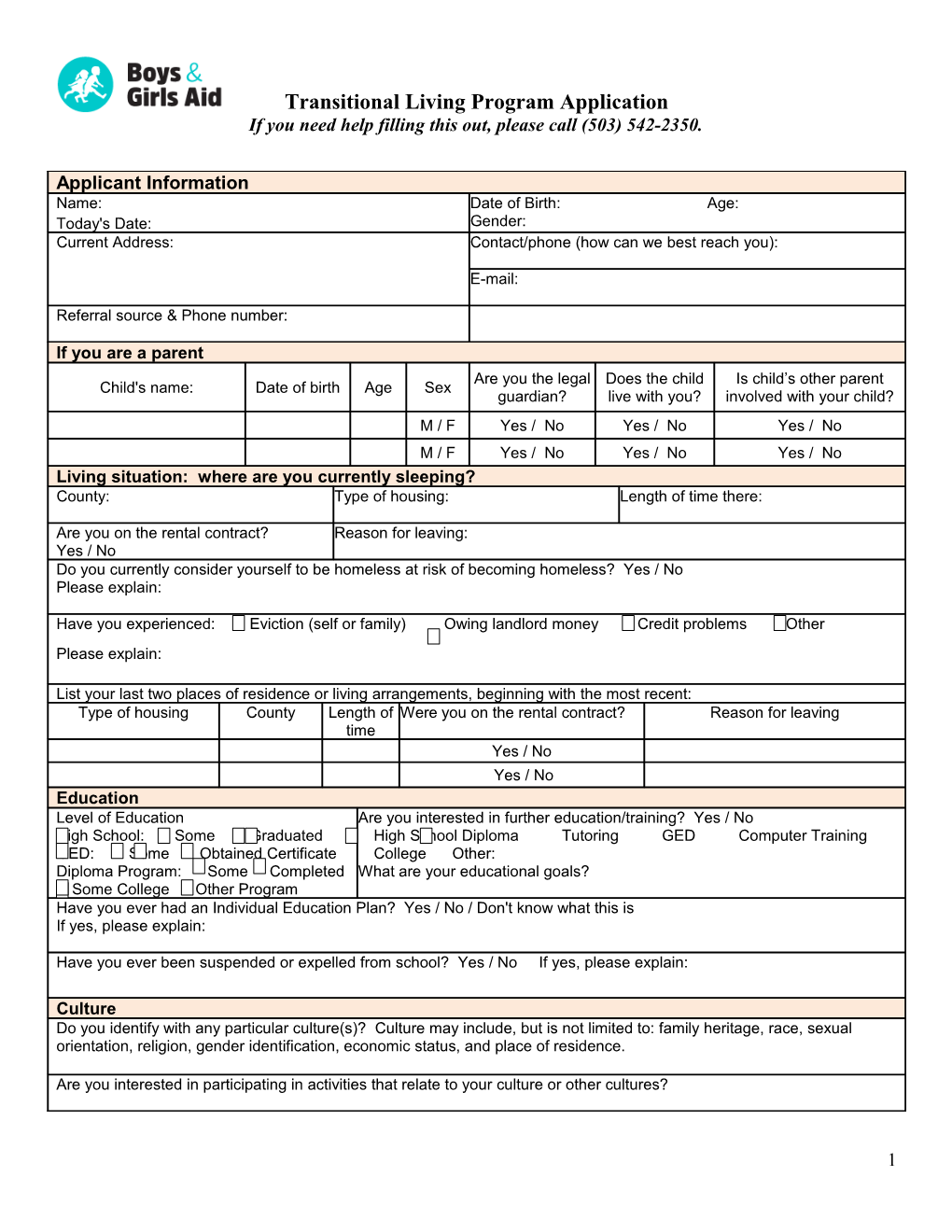 Transitional Living Program Application