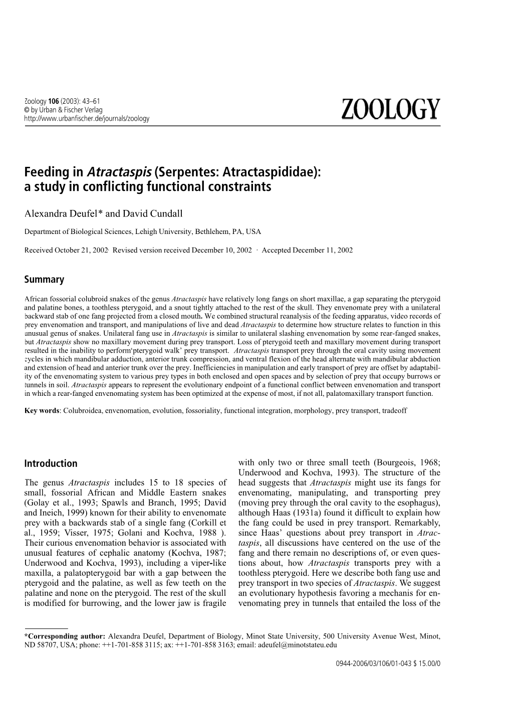 Serpentes: Atractaspididae): a Study in Conflicting Functional Constraints