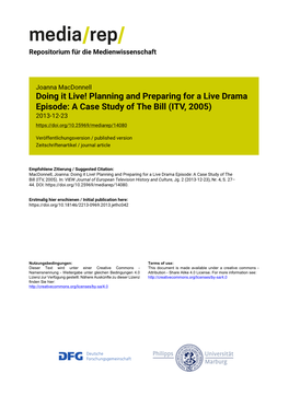 Doing It Live! Planning and Preparing for a Live Drama Episode: a Case Study of the Bill (ITV, 2005) 2013-12-23