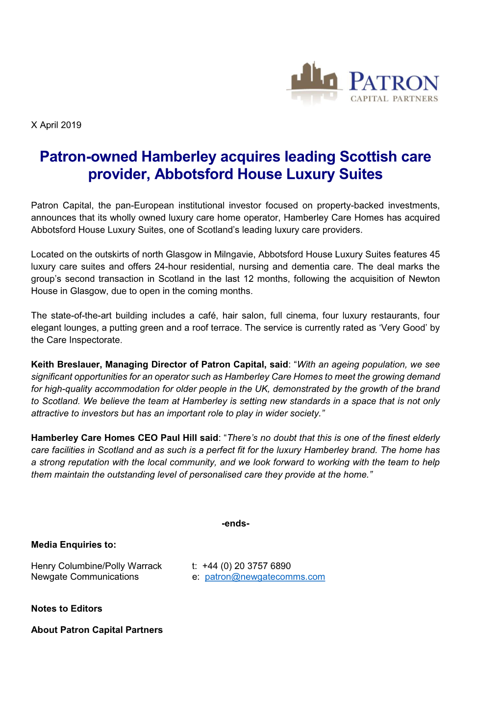 Patron-Owned Hamberley Acquires Leading Scottish Care Provider, Abbotsford House Luxury Suites