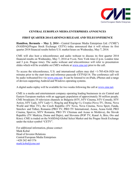 Central European Media Enterprises Announces