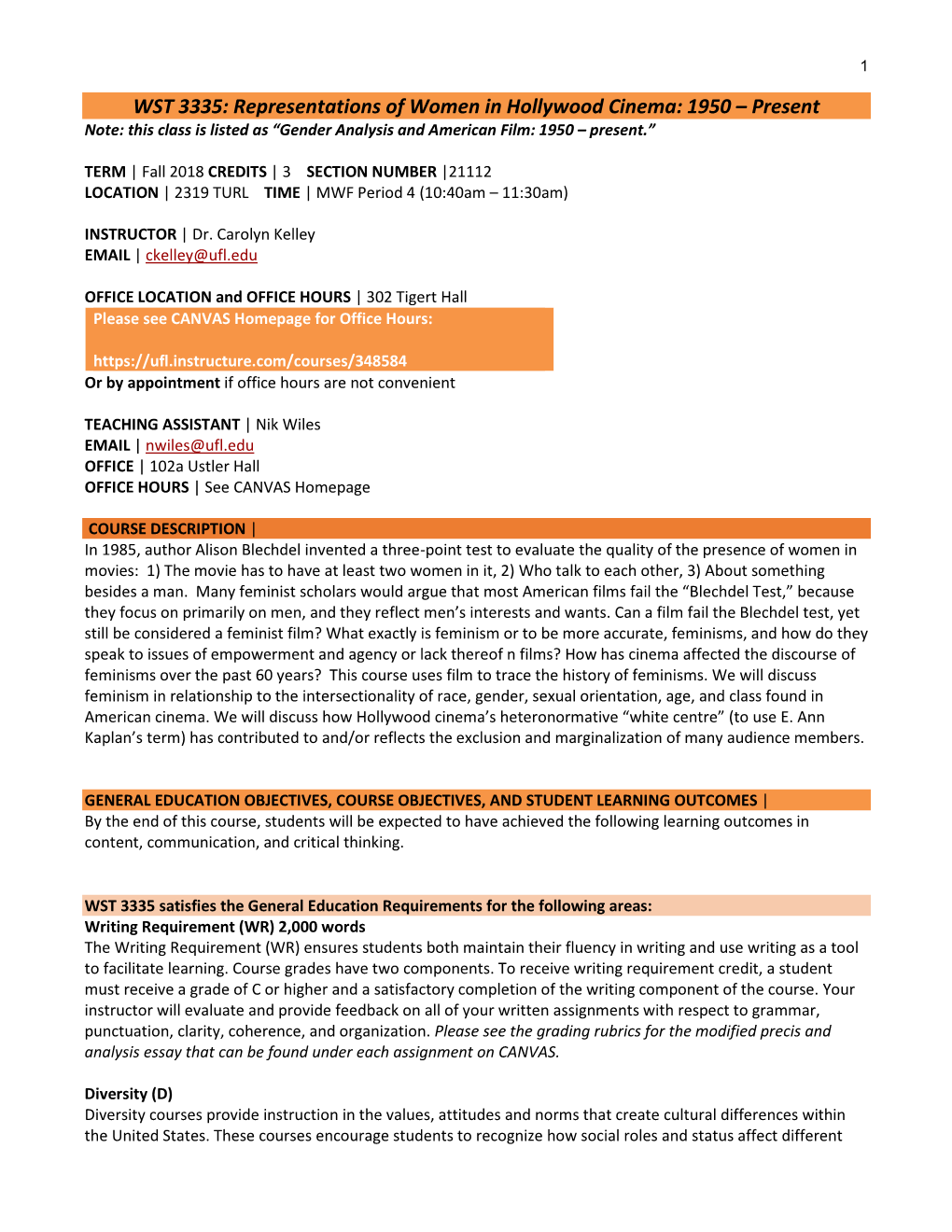 WST 3335: Representations of Women in Hollywood Cinema: 1950 – Present Note: This Class Is Listed As “Gender Analysis and American Film: 1950 – Present.”