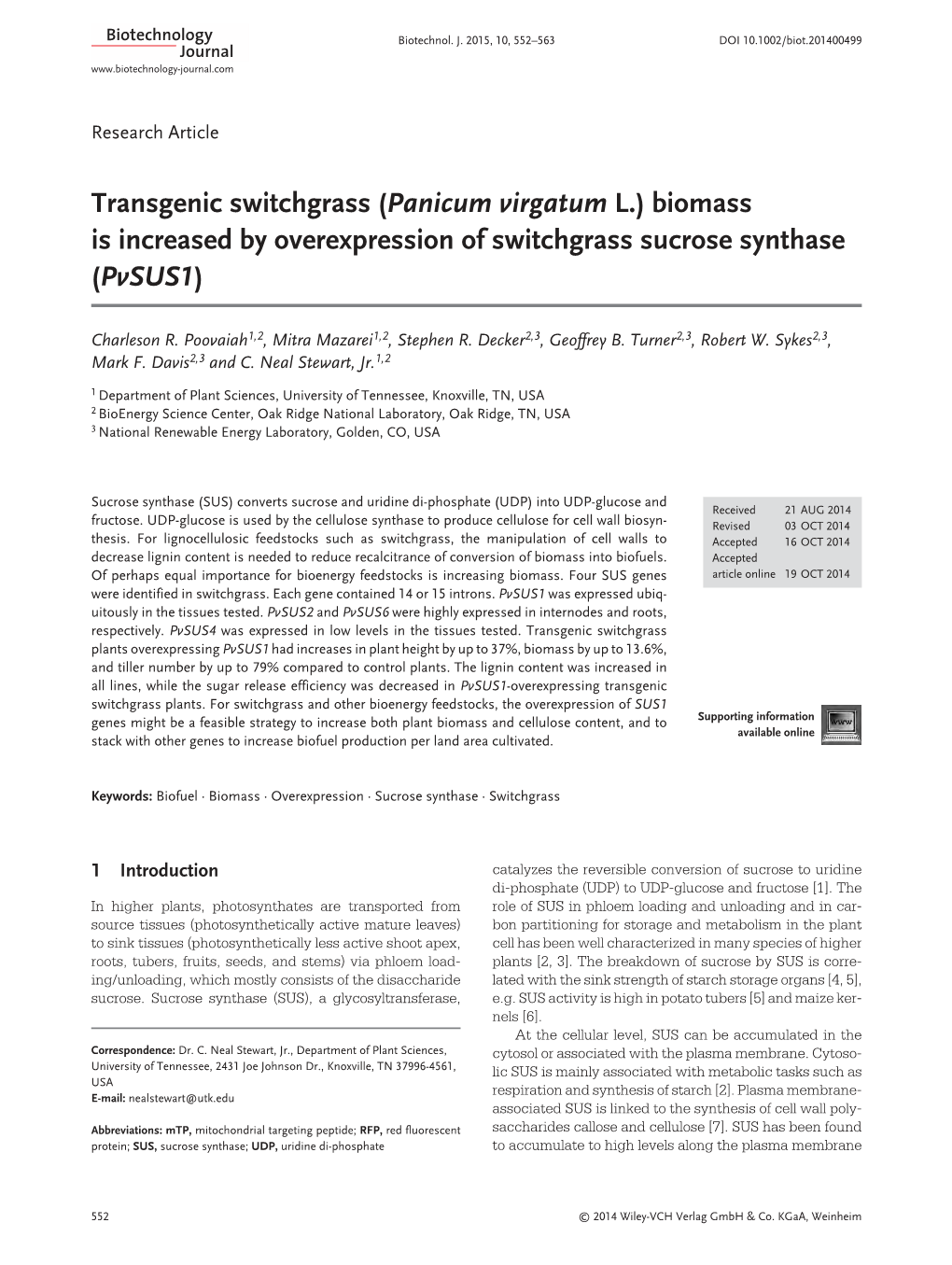 Overexpression of Switchgrass Sucrose Synthase (Pvsus1)