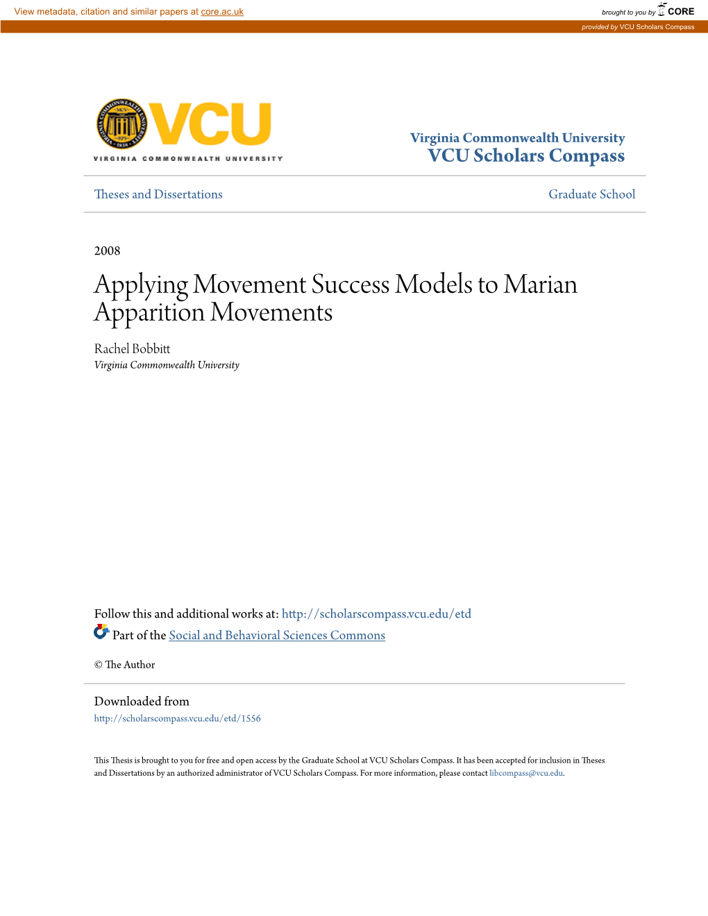 Applying Movement Success Models to Marian Apparition Movements Rachel Bobbitt Virginia Commonwealth University