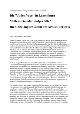 Die "Judenfrage" in Luxemburg Meilenstein Oder Stolperfalle? Die Unzulänglichkeiten Des Artuso-Berichts