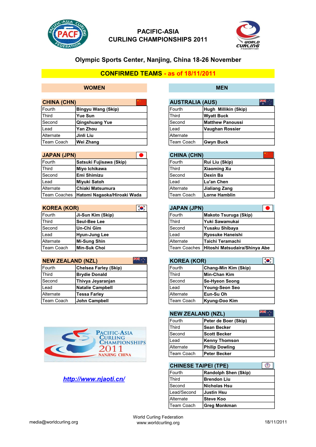 PACIFIC-ASIA CURLING CHAMPIONSHIPS 2011 Olympic Sports Center, Nanjing, China 18-26 November CONFIRMED