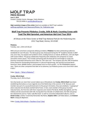 PRESS RELEASE June 5, 2014 Contact: Camille Cintrón, Manager, Public Relations 703.255.4096 Or Camillec@Wolftrap.Org