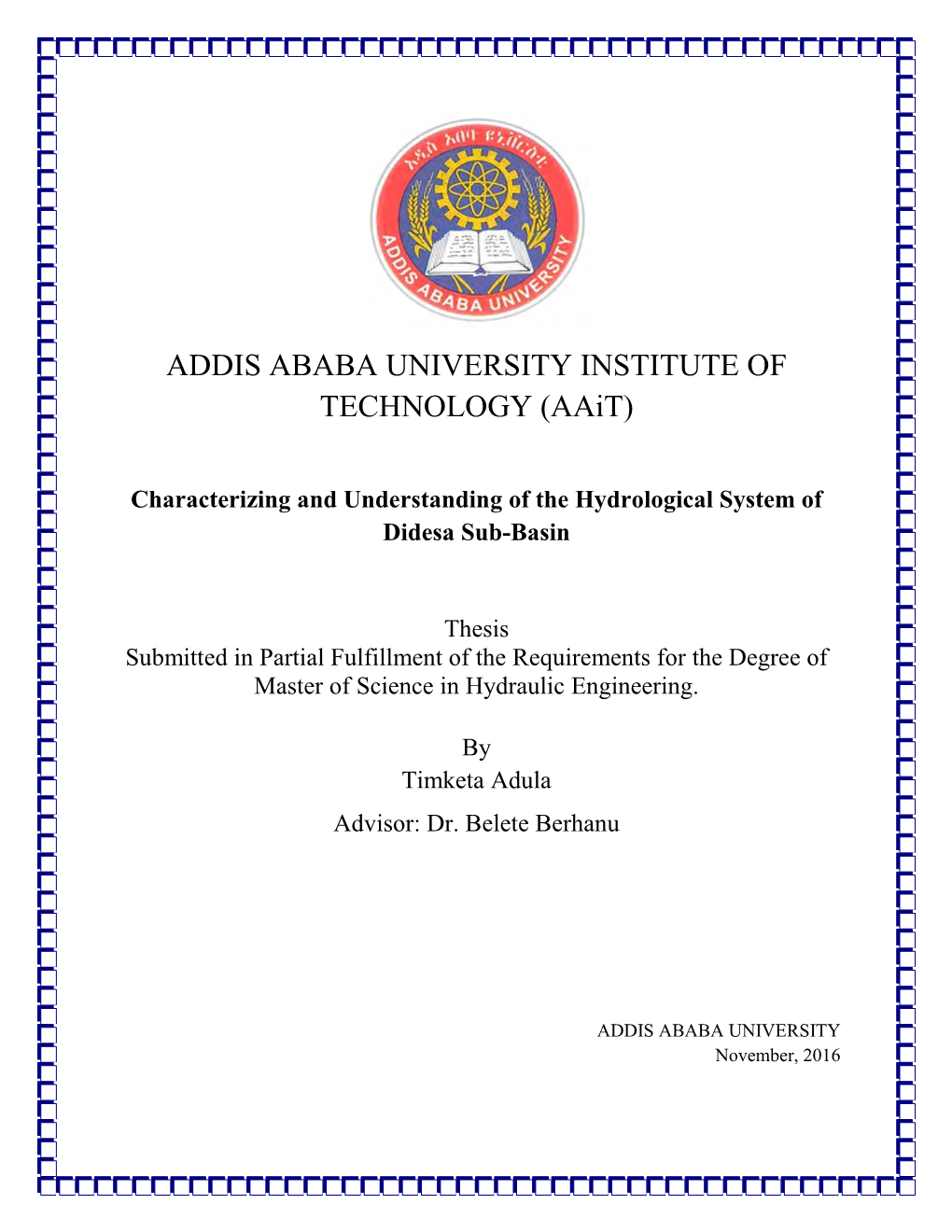 ADDIS ABABA UNIVERSITY INSTITUTE of TECHNOLOGY (Aait)