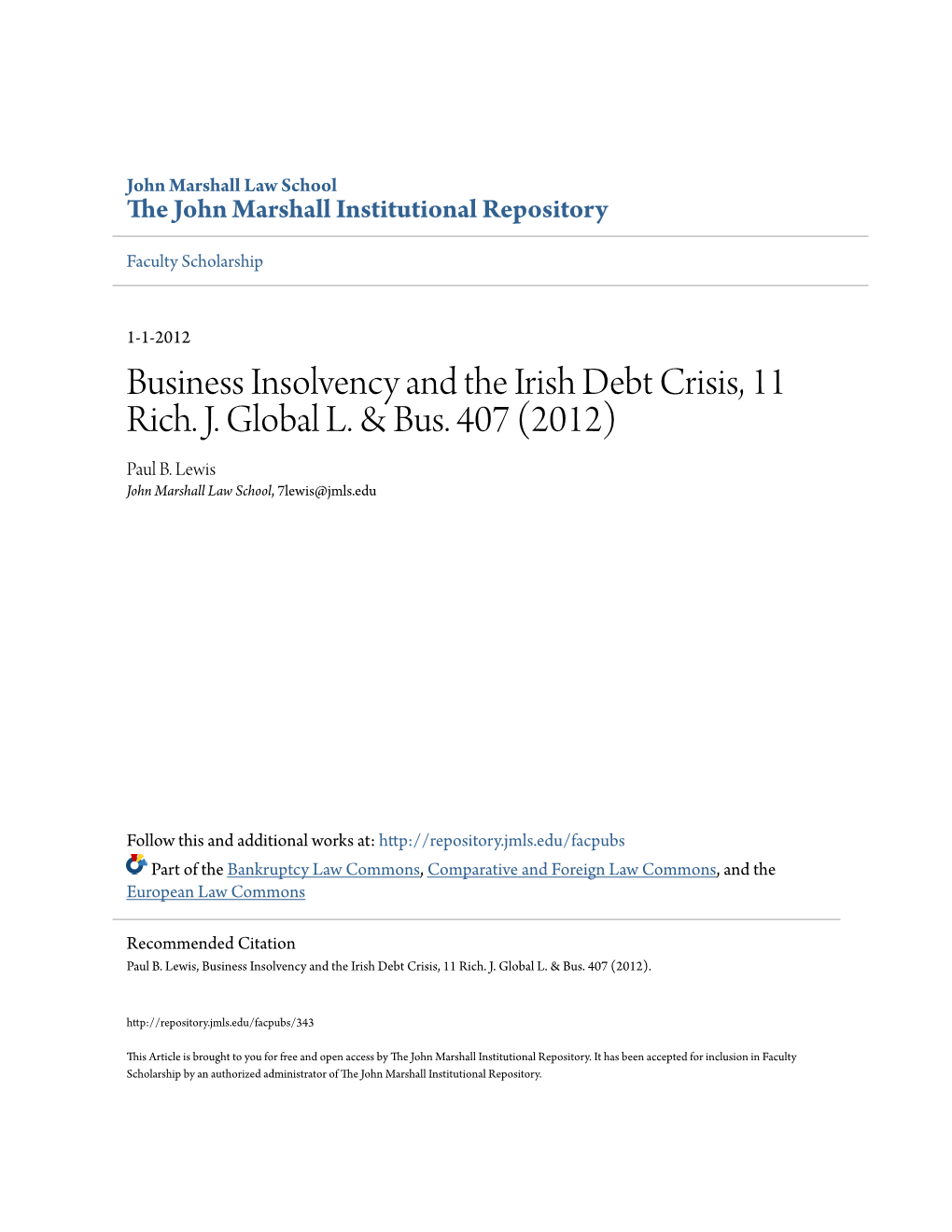 Business Insolvency and the Irish Debt Crisis, 11 Rich