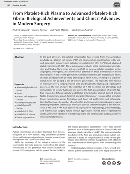 From Platelet-Rich Plasma to Advanced Platelet-Rich Fibrin: Biological Achievements and Clinical Advances in Modern Surgery