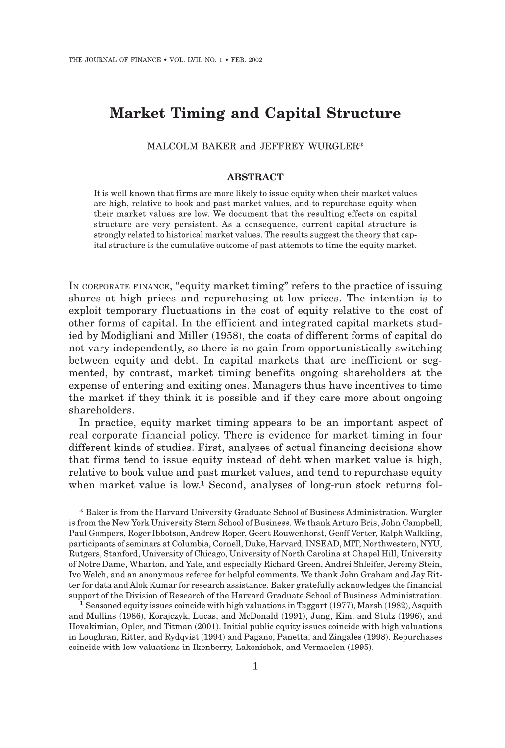 Market Timing and Capital Structure