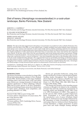 Diet of Kereru (Hemiphaga Novaeseelandiae) in a Rural-Urban Landscape, Banks Peninsula, New Zealand