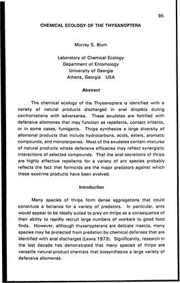 CHEMICAL ECOLOGY of the THYSANOPTERA Murray S. Blum