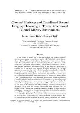 Classical Heritage and Text-Based Second Language Learning in Three-Dimensional Virtual Library Environment