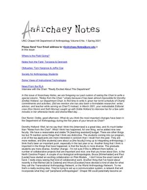 UNC Chapel Hill Department of Anthropology Volume 6 No. 1 Spring 2001 Please Send Your Email Address to &lt;Anarchaey.Notes@Unc