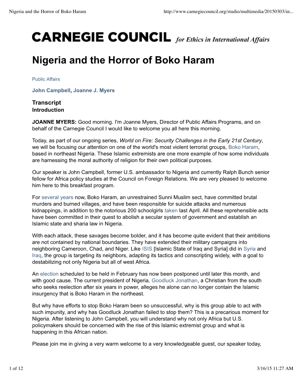 Nigeria and the Horror of Boko Haram