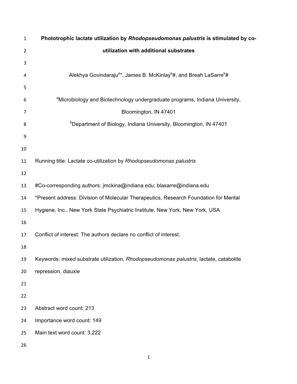 1 Phototrophic Lactate Utilization by Rhodopseudomonas Palustris Is Stimulated by Co