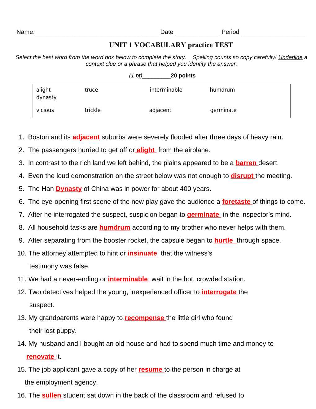 UNIT 1 VOCABULARY Practice TEST